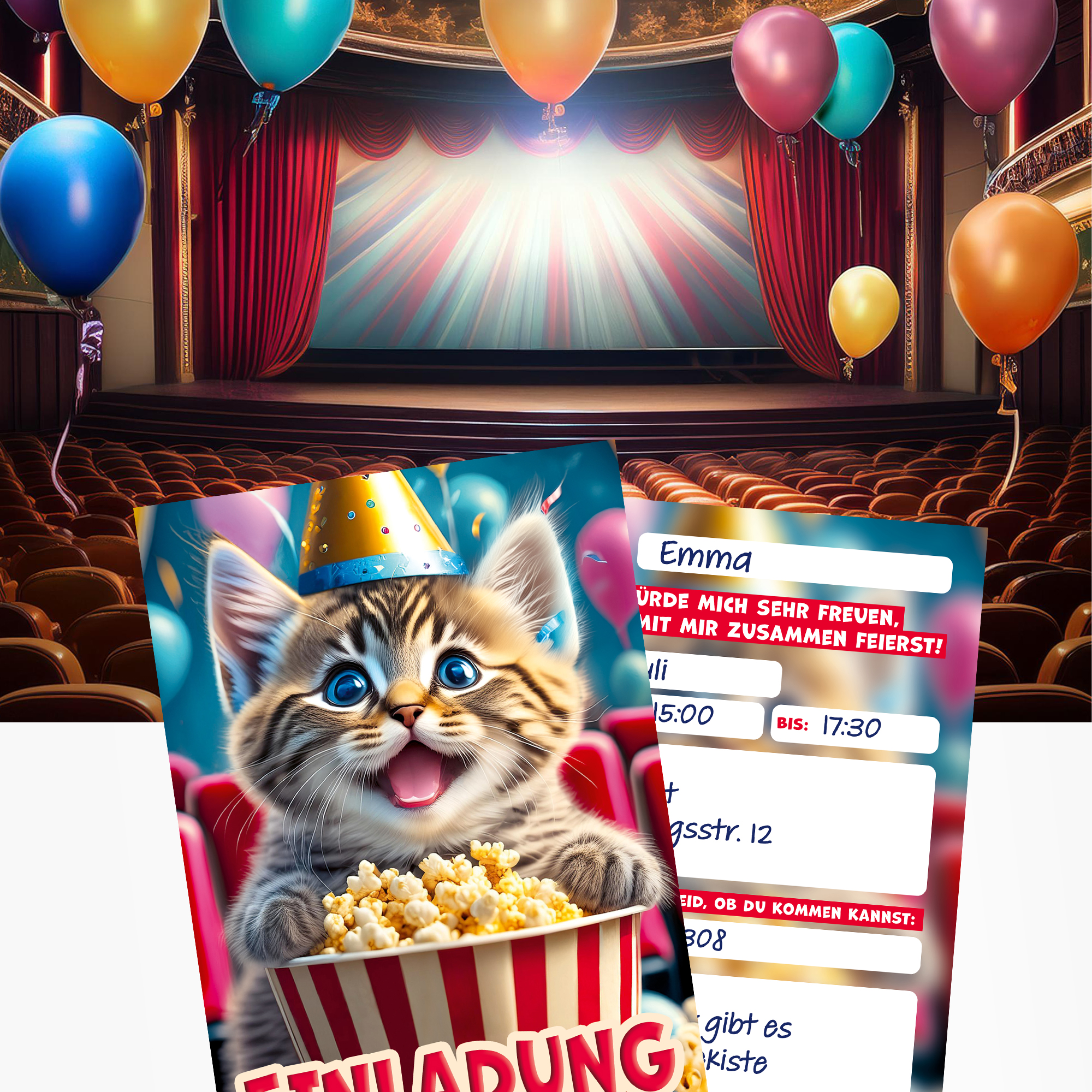 moosthaler einladungskarten kindergeburtstag maedchen kino katze einladungen