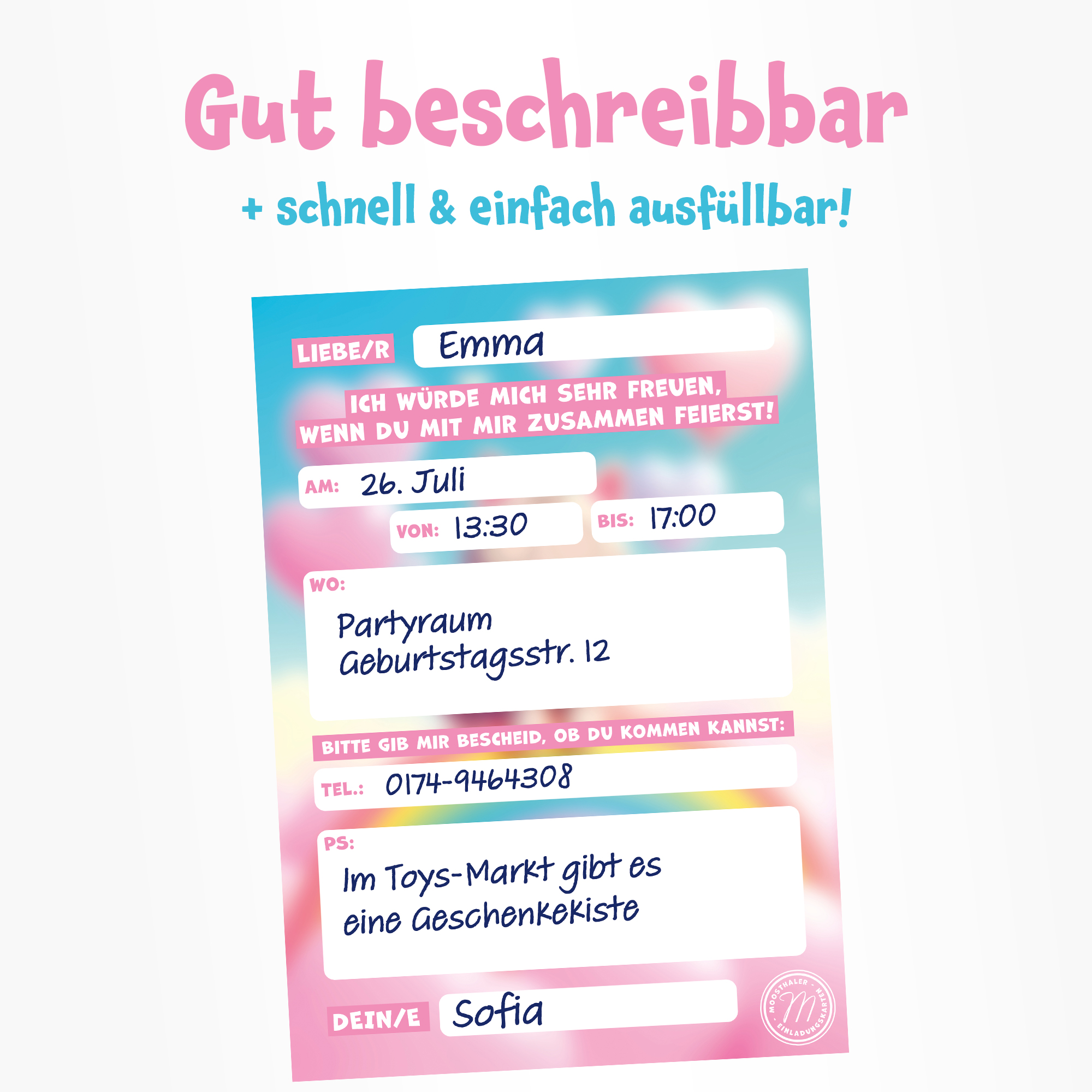 moosthaler einladungskarten kindergeburtstag maedchen regenbogen katze glitzer einladungen