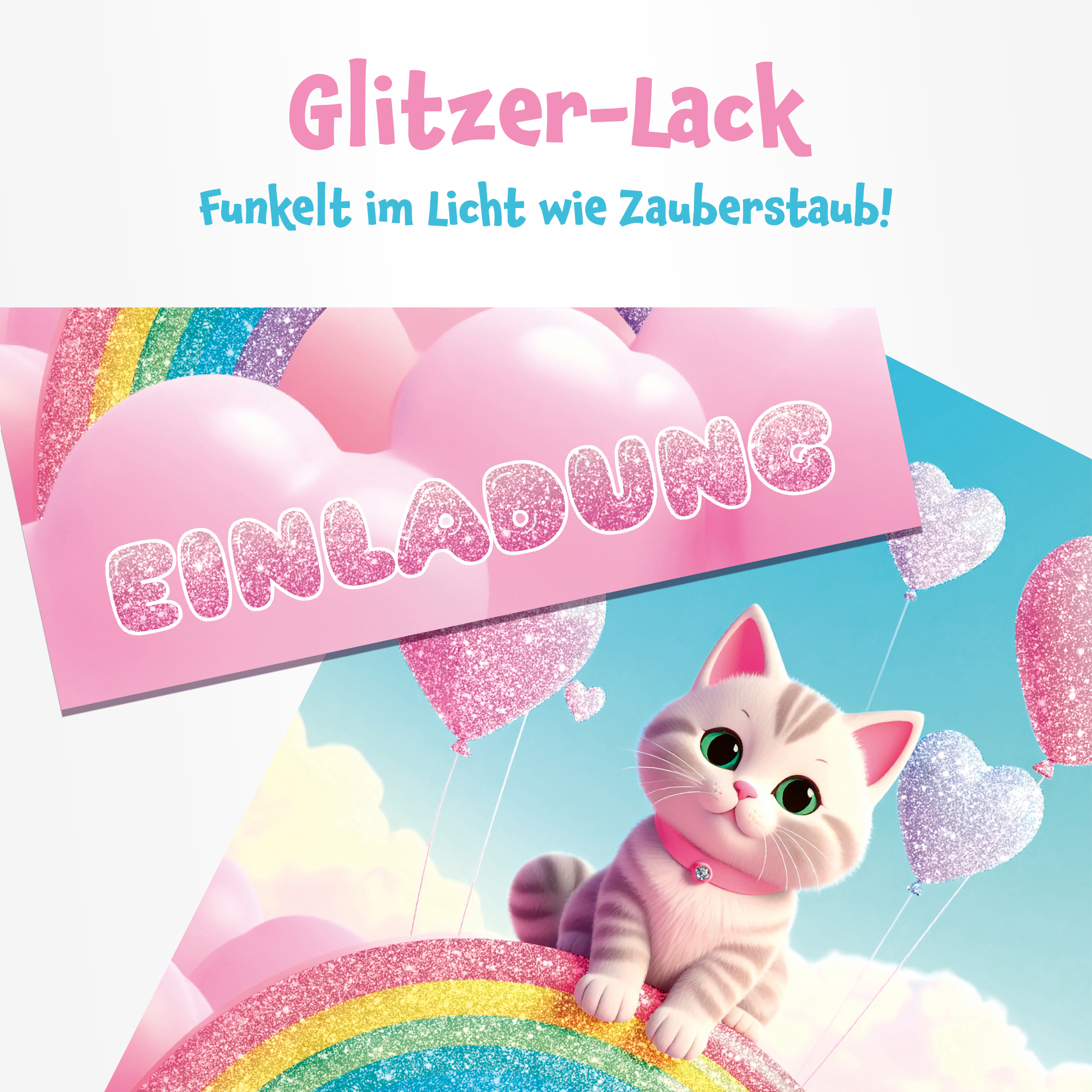 moosthaler einladungskarten kindergeburtstag maedchen regenbogen katze glitzer einladungen