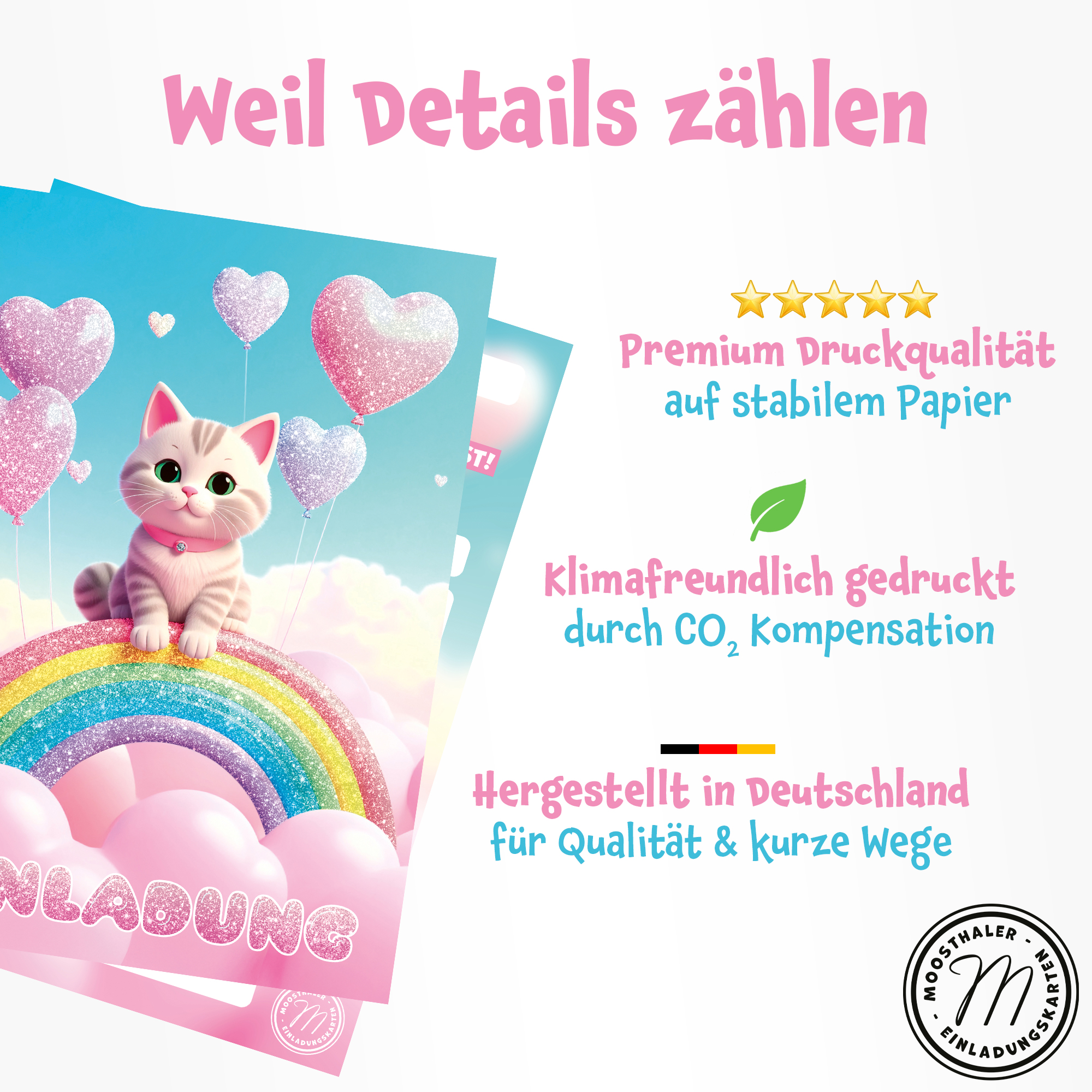 moosthaler einladungskarten kindergeburtstag maedchen regenbogen katze glitzer einladungen